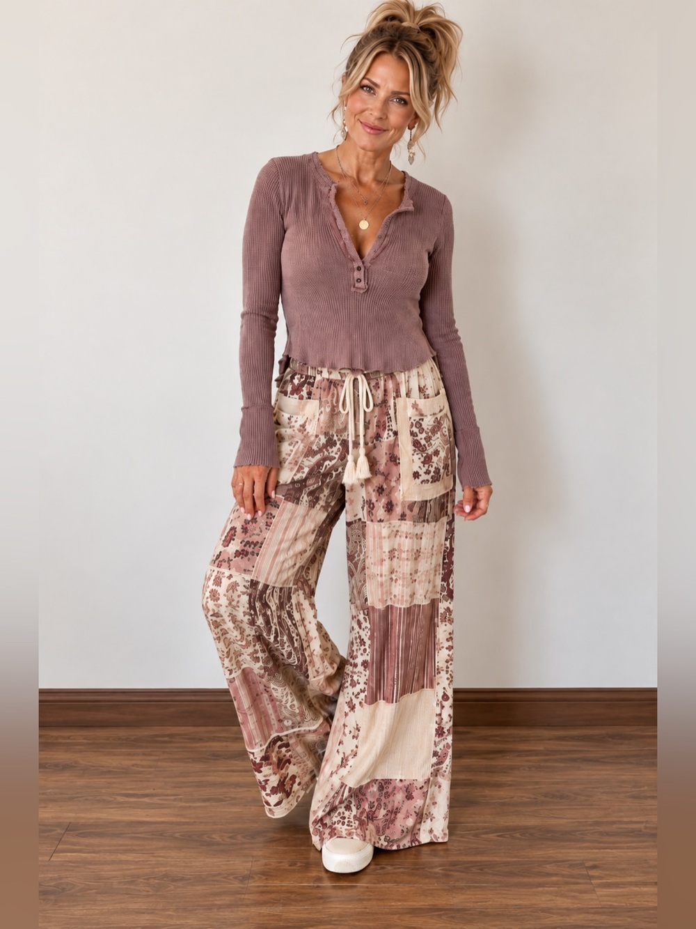 🤎 Free People FP One Colt Thermal Henley Top | Mauve Venetian Red Brown | XS